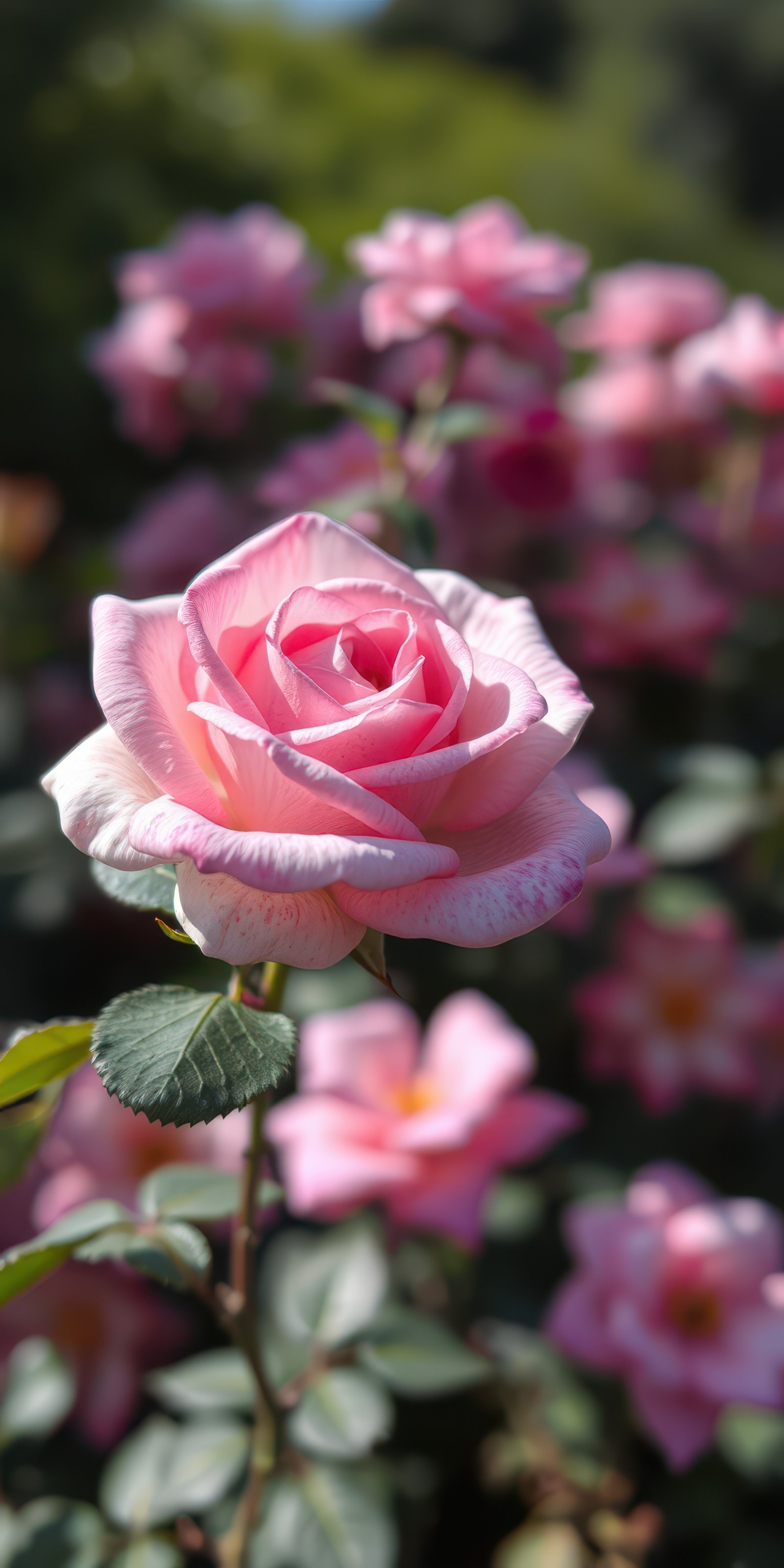 Pink rose shines brightly in a blooming garden filled with other flowers during daylight hours